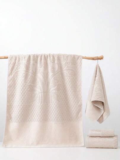 1pc Lightweight Thin Cotton Bath Towel, Apricot Color, Floral Jacquard Pattern, Rectangle 70*140cm For Adults, Swimming, Bathing, Wrapping; Also 34*74cm Hand Towel, Quick Dry, Absorbent, Soft, Suitable For Bathroom, Kitchen, Travel, Gifts, Gym, Beach, Hotel, Salon, Outdoor