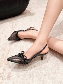 Xin Jing Shoes Women's Elegant Rhinestone Bow Mesh Sexy Fashion Net Yarn Strap Commuting Mid-Heel Shoes - Black - View 3