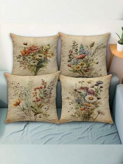 4 件套复古风格雏菊及什锦花卉图案抱枕套，17.7*17.7 英寸，适用于沙发靠垫、房间装饰、办公室装饰、客厅装饰（不含枕芯），平面印花
