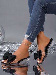 Summer New Soft Leather Square Toe Sandals, Chunky Heel Sandals, Versatile Stilettos One-Toe Slide Sandals, Women Black High Heel Net Sandals - Black - View 2