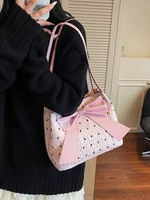 Tas Bahu Wanita Ringan Modis Kapasitas Besar dari Kulit PU Warna Polos dengan Hiasan Pita, Tas Tangan Wanita Elegan, Tas Warna Pink - Berwarna merah muda - View 3