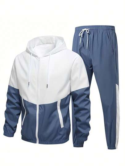2pcs/Set Men's Breathable Color Block Sports Suit, Including Jacket And Pants, Boyfriend Style Sportswear, Casual Sports Outfit Suitable For Daily Leisure, Outdoor Sports, Running, Camping, Hiking, Cycling