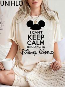 Disney UNIHLO I CAN'TKEEPCALMI'M GOING TODIsNEp 1ORLD  Print  Summer Casual Versatile Pure Cotton T-Shirt Suitable For Any Place - 白色 - 查看 1