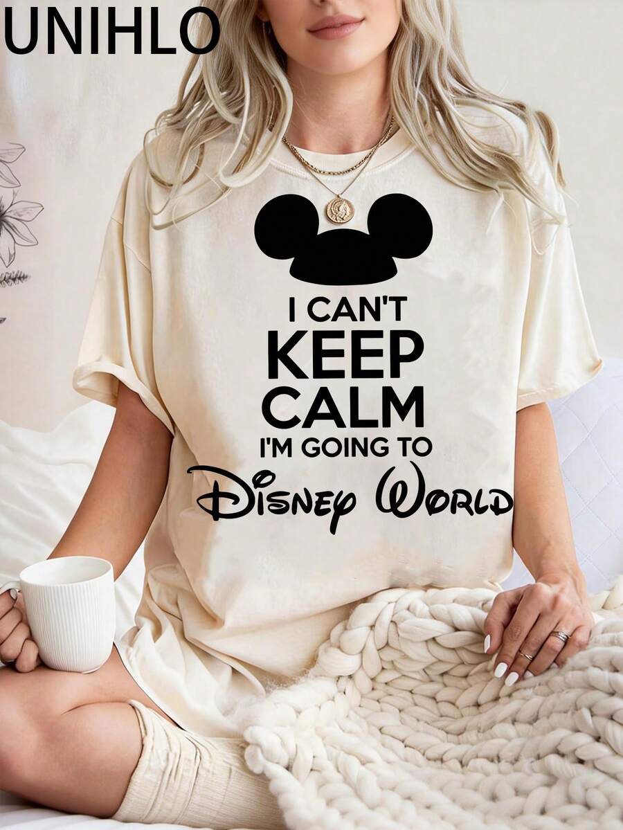 Disney UNIHLO I CAN'TKEEPCALMI'M GOING TODIsNEp 1ORLD  Print  Summer Casual Versatile Pure Cotton T-Shirt Suitable For Any Place - 白色 - 查看 1