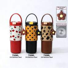 750ML Insulated Water Bottle With 316 Stainless Steel, Portable Handheld Travel Cup With Silicone Cartoon Pendant & Leakproof Lid, Cherry/Heart/Leopard Print For Women & Girls - Multicolor - View 1