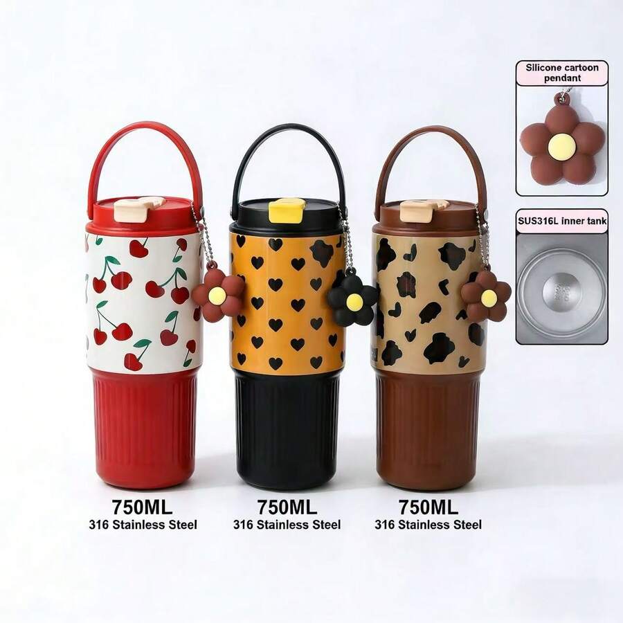 750ML Insulated Water Bottle With 316 Stainless Steel, Portable Handheld Travel Cup With Silicone Cartoon Pendant & Leakproof Lid, Cherry/Heart/Leopard Print For Women & Girls - Multicolor - View 1