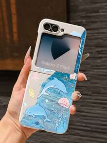 1pc Fashionable And Simple Skin Feel PC Material Cute And Simple Ocean Dolphin Jellyfish Element Folding Phone Case, Can Protect And Prevent Falling For: SamsungGalaxy Zflip 3/Zflip 4/Zflip 5/Zflip 6/Zflip 7/ Razr 50 Ultra/ Razr 60 Ultra/ Razr 60/ Razr 50/Galaxy Z Flip7 FE - Baby Blue - View 1