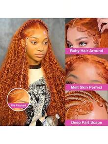 13x4蕾丝前假发，杰瑞卷发#350姜金色，预先拔毛，预先修剪，200%密度杰瑞卷发真人发假发，宽松深分缝假发，预先拔毛，非常适合角色扮演/日常佩戴/特殊场合 - S350 - 查看 4