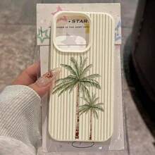 1pc TPU Material Pink Striped & 5 Palm Tree Pattern Phone Case Compatible With IPhone 17 Pro Max/17/16 Pro Max/15/13/12/11, S20 FE/A15/S24/A55, Note 11/12/13 Pro, Full Coverage Anti-Drop Soft Protective Cover - 米色 - 查看 17
