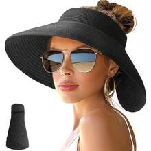 Women's Sun Hat Wide Brim Roll-Up Beach Ponytail Hat Foldable Travel Straw Sun Hat - 黑色 - 查看 13