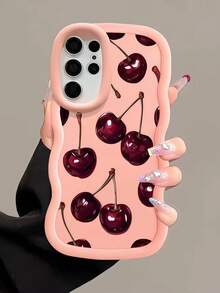 1pc Camera Hole Full Protection; Wavy Texture Comfortable Grip; Matte Anti-Slip Anti-Dirt; Cherry Pattern Cute Design; Soft Case Easy Install Compatible With Samsung A14/A15/A16/A17/A04/A05/A06/A07/A54/A55/A56/A34/A35A/36/S25/S25Plus/S25Ultra, A54, Moto G13/14/15 Soft Full Cover Phone Case - Wave Pink - View 1