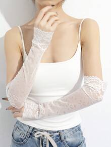 1件蕾丝袖套，中长款，露指，透气，轻薄，适合夏季驾驶和旅行，女士 - 白色-177 - 查看 3
