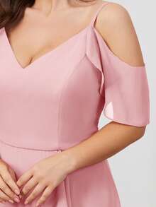 Women Plus Size Solid Color Elegant Mature Chiffon Bridesmaid Dress, Evening Party Dress For Wedding Guest, Maid Of Honor, Spring/Summer/Autumn Pink - Pink - View 8