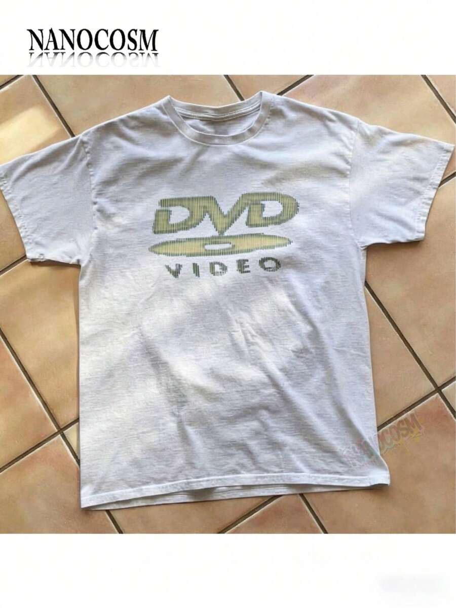 [100% Cotton] DVD Video Nostalgic Green Logo, Vintage Gaming Print T-Shirt, 2000s Aesthetic, Retro Good Shirts, Casual Round Neck Short Sleeve Pullover Tops For Spring / Summer / Fall -Unisex Women & Men's Campus Daily Wear - 灰色 - 查看 1