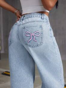 Pantalones vaqueros de pierna ancha con estampado de mariposa y ajuste holgado para adolescentes - Lavado ligero - Ver 4