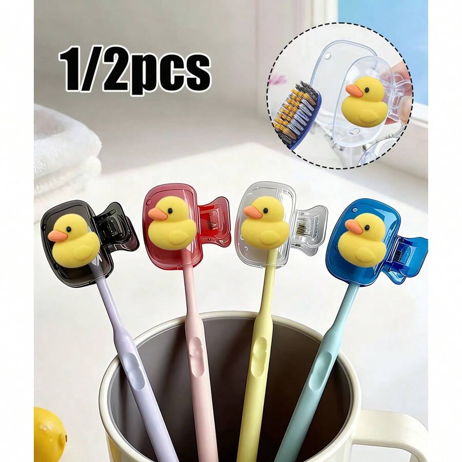 Small Yellow Duck Pattern Toothbrush Holder Portable Combination Set, Portable Toothbrush Cover,Travel Toothbrush Storage Box, Portable Toothbrush Head Protection Clip, Toothbrush Storage Clip,Dustproof Toothbrush Protector For Home & Travel,Suitable For Home And Travel Use, Travel Toothbrush Storage Clip, Protect Your Toothbrush Clean And Care For Your Oral Health - Multicolor - View 1