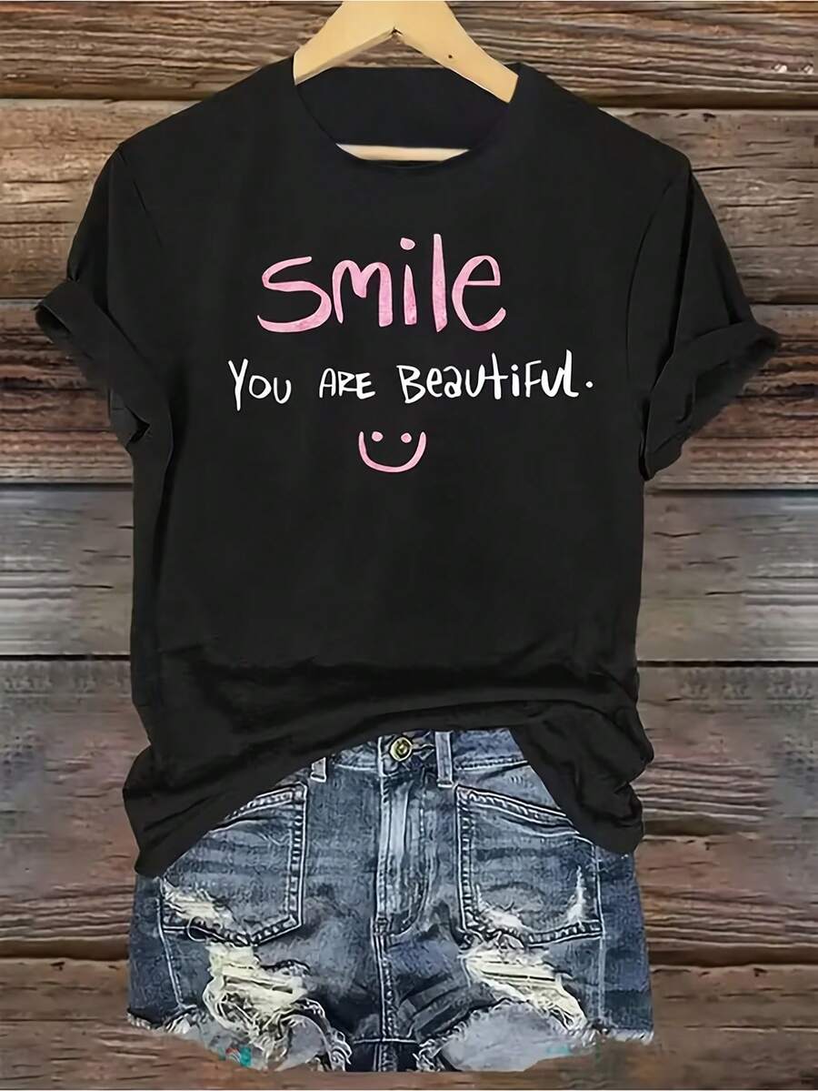 Women's Smile You Are Beautiful Print Basic Crew Neck T-Shirt Casual Loose Fit Summer Daily Short Sleeve Top - 黑色 - 查看 1