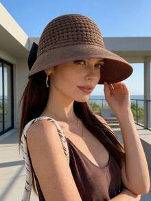 1pc Women's Solid Color Bow Tie Bucket Hat, Wide Brim Sun Hat, Suitable For Spring And Summer Daily Use - A - View 7