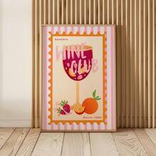 1 pieza Cuadro de arte de pared del club de vinos con estilo preppy, impresiones vibrantes de sangría, pinturas en lienzo, carteles retro de cócteles, decoración de rayas rosa y naranja para la cocina, bar, sala de estar, dormitorio, apartamento, regalo para ella, sin marco o con marco - patrón - Ver 1