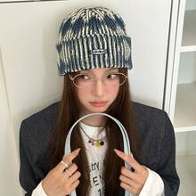 Korean Style Fashion Tie-Dye Color-Block Handmade Knitted Hat For Men And Women, Autumn And Winter Warm Rolled Edge Cold Hat, Ear Protection Pullover Knit Hat,  Suitable For Couples To Wear In Autumn And Winter - 酒紅色 - 查看 3