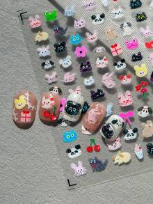 1 Sheet Cute & Healing Nail Art Stickers, Featuring Adorable Animals Like Cats, Rabbits, Pandas, Frogs, Puppies, Paired With Sweet Elements Like Cherries, Flowers, Bows, Gift Boxes, Cakes, Bottles, Suitable For Daily, Date, Party And Summer Outfits Manicure - Multicolor - View 7