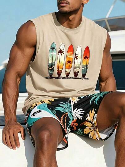 1 pieza Camiseta de tirantes casual de cuello redondo con estampado de verano para hombre