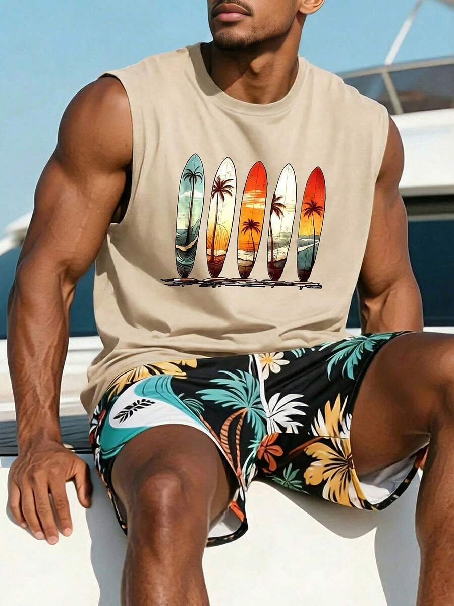 1 chiếc áo tank top nam mùa hè in họa tiết cổ tròn kiểu dáng thường ngày - Màu be - Xem 1