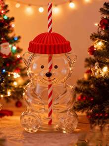 2025 New Cute Glass Bear Cup With Reusable Straw, 20oz Adorable Mug With Bear Mouth, Suitable For Coffee, Beer, Wine, Cocktail, Dishwasher , Party Supplies, Home & Kitchen Essential - Pink - View 13