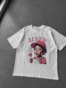 FRACTYR 男士夏季休闲街头时尚宽松复古卡通棒棒糖印花圆领短袖T恤 - 白色 - 查看 4