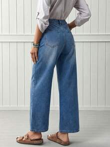 High Waist Button Front Wide Leg Cropped Denim Jeans For Women, Casual Washed Blue Pants Spring - Blue - View 5