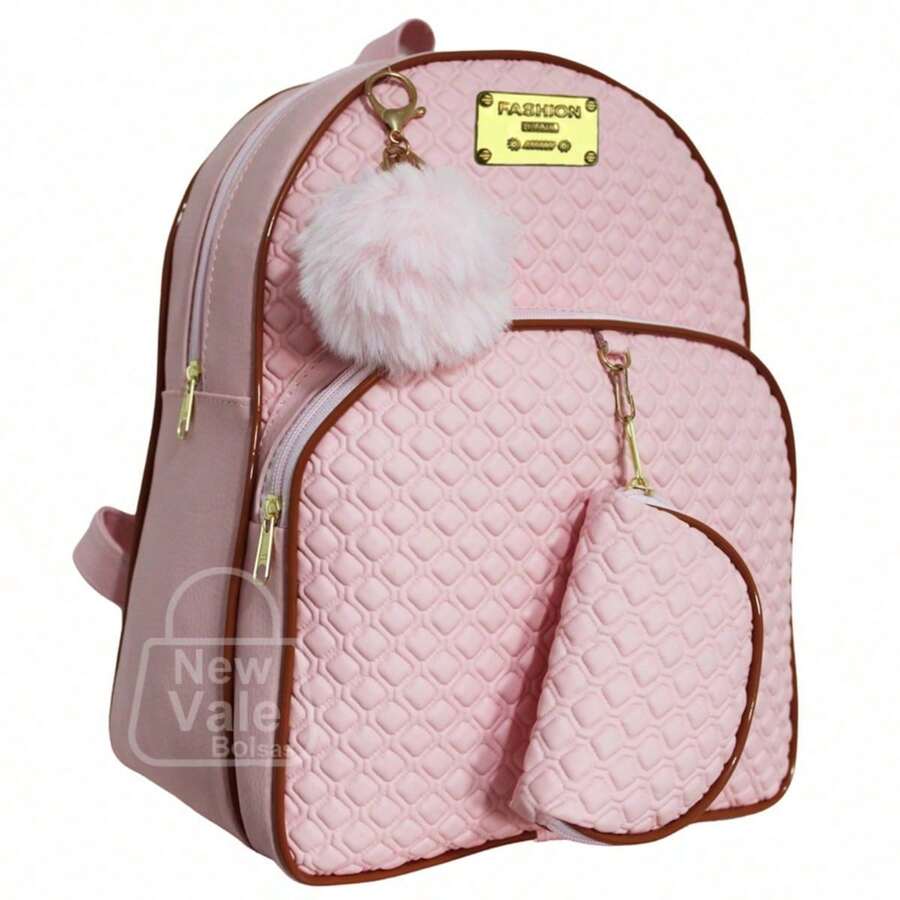 Women's Backpack, Reinforced Small Backpack With Beautiful Exclusive Coin Purse + Pompom Keychain - Baby Pink - View 1
