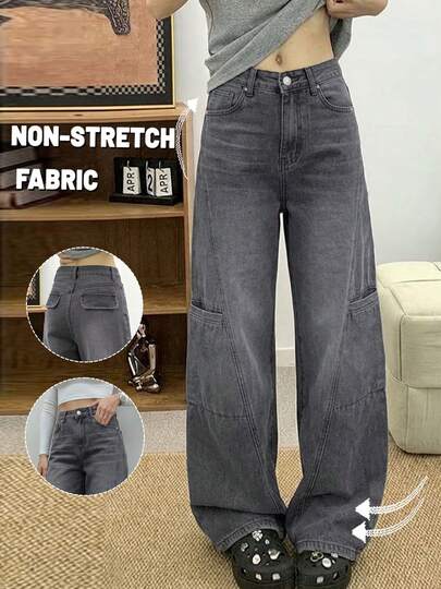 GILIPUR Women's Y2K Style Gray Patchwork Jeans, Low Waist Loose Boyfriend Fit, Baggy Patchwork Wide Leg Pants, American Retro, Streetwear, Sexy Girl, Bottom, Outdoor Casual Spring