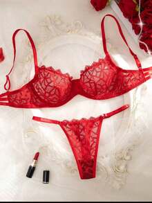 2pcs Women Lace Splice Sheer Underwire Bra And Plaid Panties Lingerie Set Bridallingerie - 藏蓝色 - 查看 7