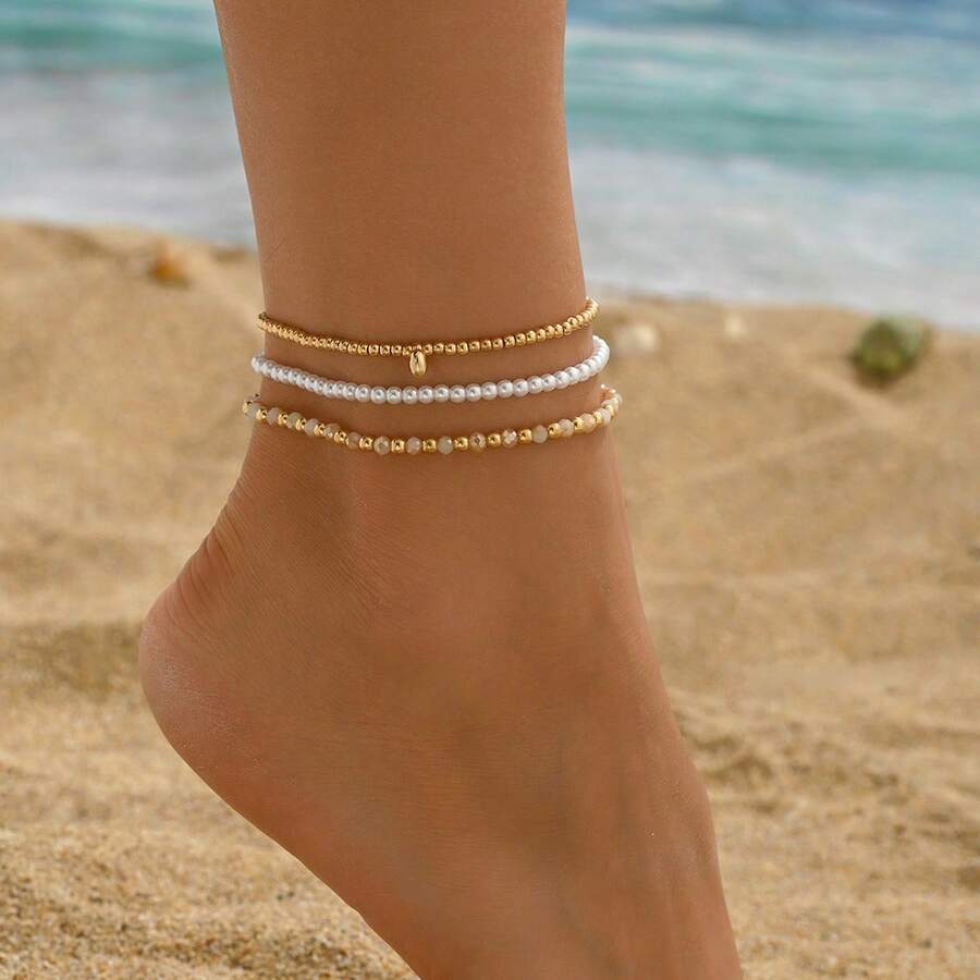 3pcs/Set Fashion Beach Vacation Style Faux Pearl Beaded Elastic Anklets For Women - Multicolor - View 1
