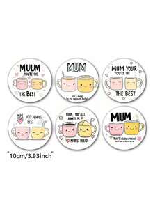 6pcs Wooden Round Coasters, Mother's Day Design "Mom, You're The Best" With Smiling Coffee Cup And Heart Pattern, 10cm Diameter, Heat-Resistant, Perfect Mother's Day Gift For Mom - Multicolor - View 4