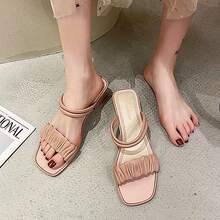 Sandalias de tacón alto para mujeres Sandalias de dos vías de nuevo estilo para mujer.Social. Playa. Tacón grueso. Sandalias planas con tiras. Antideslizantes. Tacón medio. Para llevar al aire libre. Aumentan la altura. Estilo versátil. - Beis - Ver 7