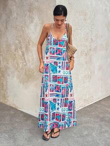 Vestido casual de vacaciones elegante con tirantes finos, espalda descubierta, decoración con cuentas y estampado a cuadros en línea A para mujer, talla estándar, para primavera/verano - Multicolor - Ver 5