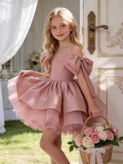 Vestido elegante de fiesta de tul con lazo rosa para niña, vestido de princesa adecuado para fiesta de cumpleaños de niña, niña de las flores en boda, baile de graduación, vestido de noche de lujo, Pascua, graduación