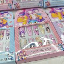 1件动漫女孩佩戴假指甲套装，可爱3D蝴蝶结假指甲，粘性指甲套装，女孩生日派对礼物。（随机款式） - 彩色 - 查看 3