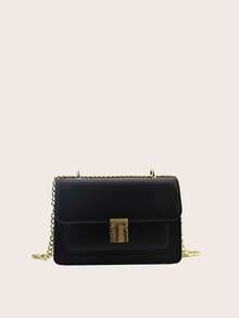 1个黑色PU材质优雅简约金属链条翻盖单肩包，适合女性日常通勤、外出、购物、旅行、聚会、派对、生日礼物，时尚百搭，适合派对和外出场合。 - 黑色 - 查看 7