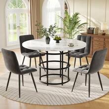 Dining Room Set (5 Pieces), Table And 4 Chairs, Kitchen Table Set, Round Table 100 Cm In Diameter, White MDF Top, Grey Velvet Dining Chair - Black - View 9