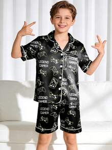 男童两件套游戏机印花睡衣套装，黑色 - 彩色 - 查看 3