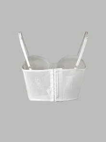 Black Rhinestone Thin Straps Bustier Top - 1 Piece Mesh Panel Cropped Waist Cinching Bust Enhancing Sexy Fashionable Date Party - أبيض - مشاهدة 2