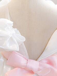女婴圆领褶皱蝴蝶结缎面可爱生日派对蛋糕蓬蓬公主裙，适合婚礼花童，不含头饰 - 白色 - 查看 10