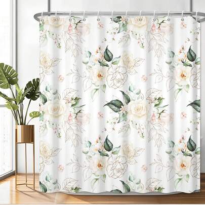 1pc Modern Plant Flower Shower Curtain, Spring And Summer Girls' Rural Style Shower Curtain, Suitable For Bathroom Bathtub Partition, Bathroom Shower Curtain Decoration, Bathroom Accessories