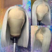 100% Human Hair Women's Soft Silver Gray Straight Bob Wig, Hair Density 180, Length 10 Inches 12 Inches 14 Inches, 13x4 High Definition Transparent Lace Front Wig, Pre-Trimmed Natural Hairline, Lace Front Wig With Bangs/Middle Part/Side Part Options - S1/Gray - View 6