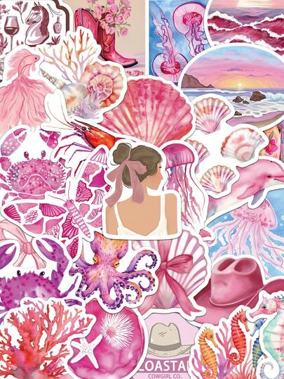 50pcs Pink Coastal Girl Stickers Handbook Laptop Phone Case Luggage Skateboard Helmet Decorative Decals