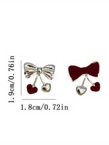 1 Pair Delicate Cute Bow Heart Stud Earrings, Niche Design Elegant Earrings Gift For Women - Red - View 5