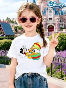Disney Easter Summer Tops,  Print Graphic Tee, Perfect For Cute Girls. Teen Girl Gift,Comfortable And Breathable Children's Short-Sleeved T-Shirt. 180g Pure Cotton Children's Clothes,Suitable For Both Boys And Girls.Suitable For Daily Wear, Vacations, Outdoor Activities, And As A Children's Gift. - 白色 - 查看 1
