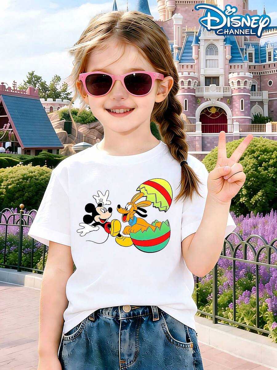 Disney Easter Summer Tops,  Print Graphic Tee, Perfect For Cute Girls. Teen Girl Gift,Comfortable And Breathable Children's Short-Sleeved T-Shirt. 180g Pure Cotton Children's Clothes,Suitable For Both Boys And Girls.Suitable For Daily Wear, Vacations, Outdoor Activities, And As A Children's Gift. - 白色 - 查看 1